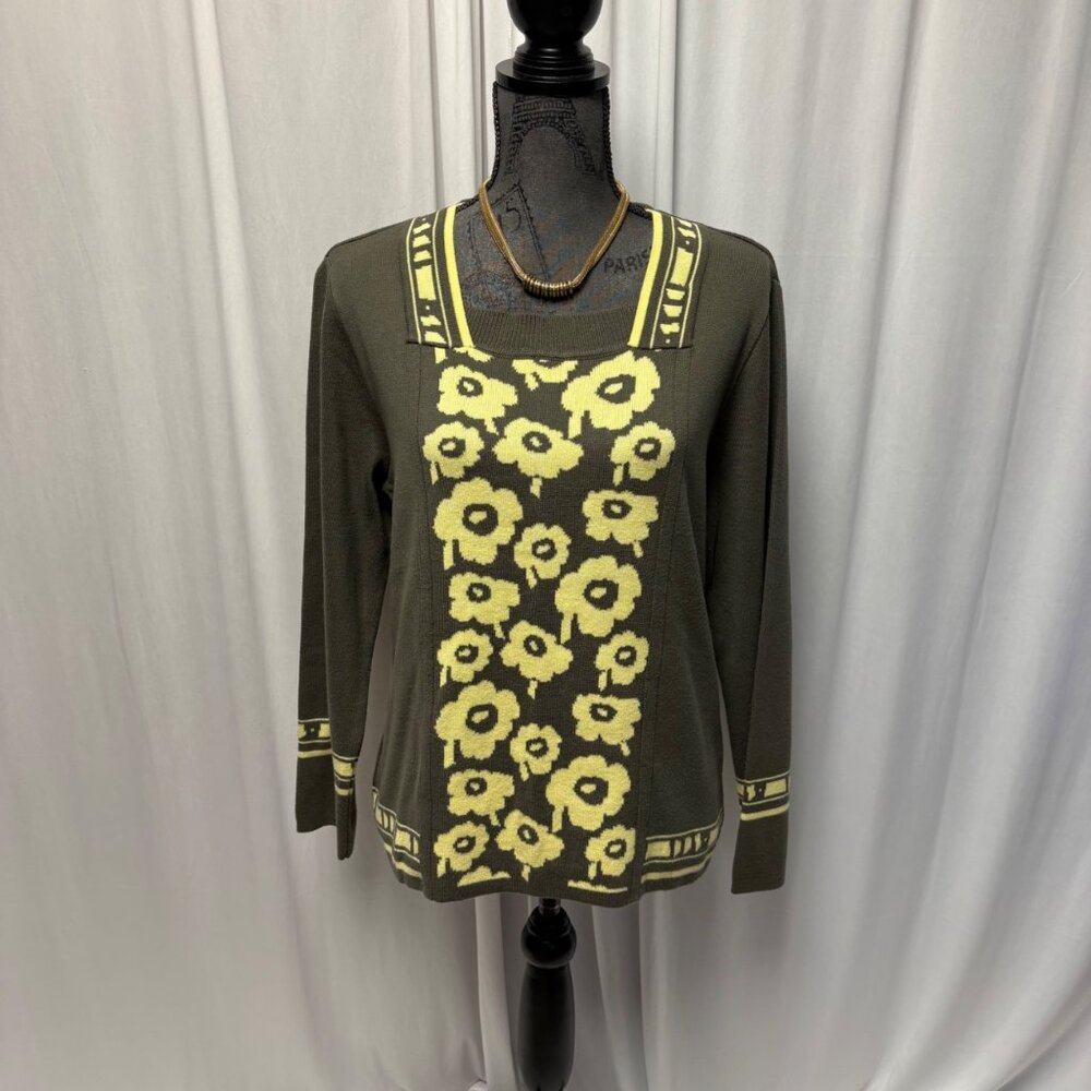 Skovhuus Sweater Womens Size Large Olive Green Yellow Floral Danish Knitwear